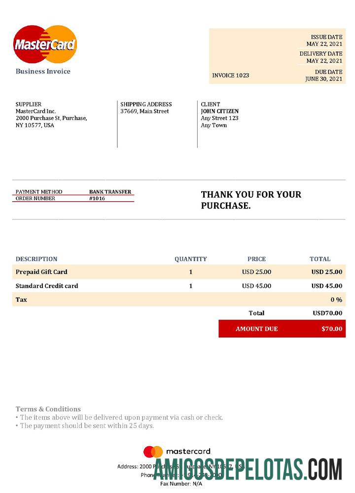 imprimível Modelo de fatura MasterCard dos EUA